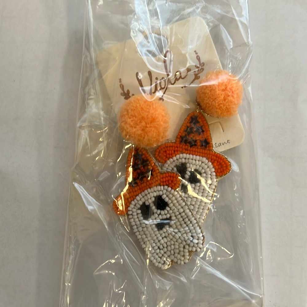 Halloween! - Fall Ghost Pom Pom Beaded Dangle Earrings NWT - (#0378)